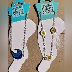 NEW Set of 2 Earth & Surf Silver Ankle Bracelets, Sunflowers & Crescent, 10”